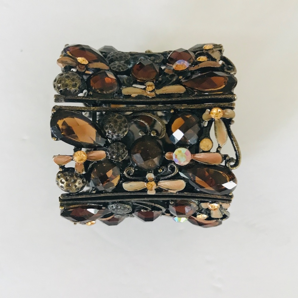 Rare Find! Handcrafted Brass 7 Panel Hinged 2” Cuff Bracelet Topaz Color Stones